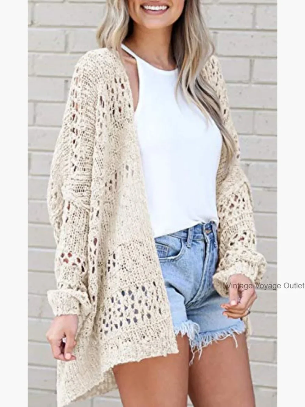 Lightweight Crochet Cardigan Long Sleeve Open Front Summer Sweater - Picture 2 of 4